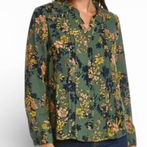 Nanette Lapore Blouse Size XL Lora Button Up Green Floral Ruffle Neckline Flowy